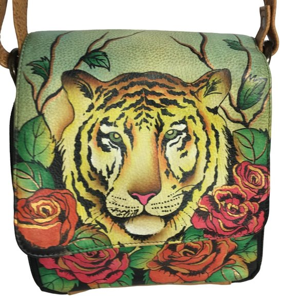 Anuschka NEVER USED Handpainted Leather Flap Cross Body Bag Tiger - Picture 1 of 12